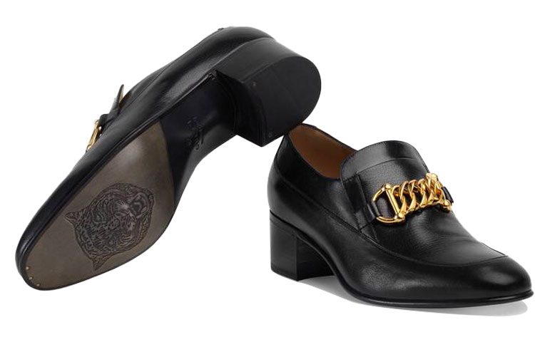 Gucci 'Ice Lolly' Horsebit Chain Leather Loafer Heels 'Black' 圖 6