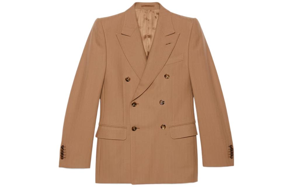 GUCCI  Light Brown Solid Herringbone Double-Breasted Blazer. 671980-ZAG95-2240