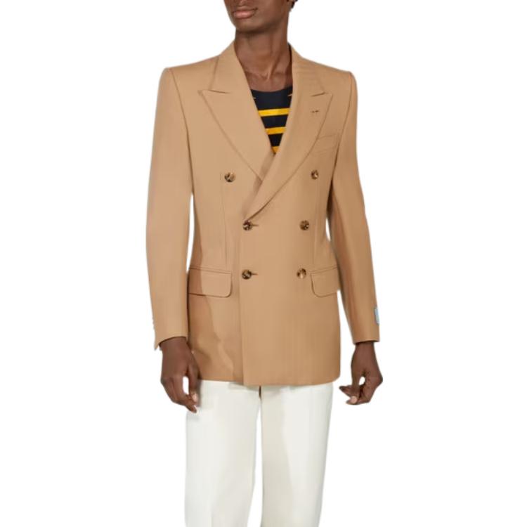 Lookbook 구찌 라이트 브라운 솔리드 헤링본 더블 브레스티드 블레이저. 671980-ZAG95-2240