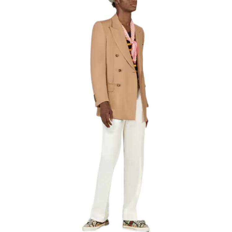 Shop 구찌 라이트 브라운 솔리드 헤링본 더블 브레스티드 블레이저. 671980-ZAG95-2240