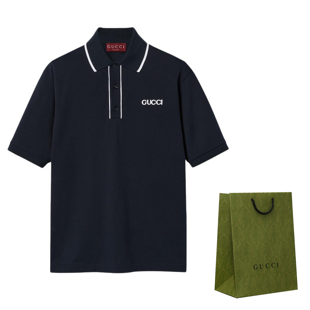GUCCI  Navy Blue Logo Print Striped Short Sleeve Polo Shirt. 806250-XJG3G-4003 圖 4
