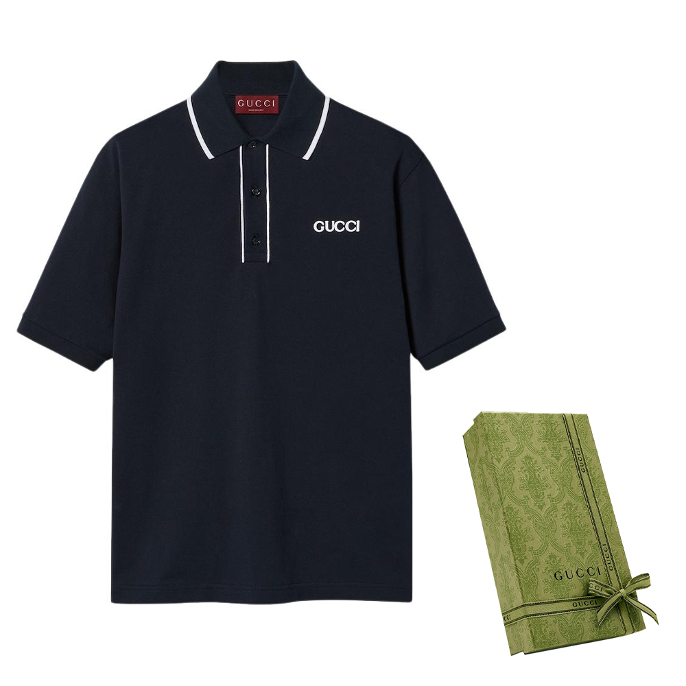 GUCCI  Navy Blue Logo Print Striped Short Sleeve Polo Shirt. 806250-XJG3G-4003 圖 5
