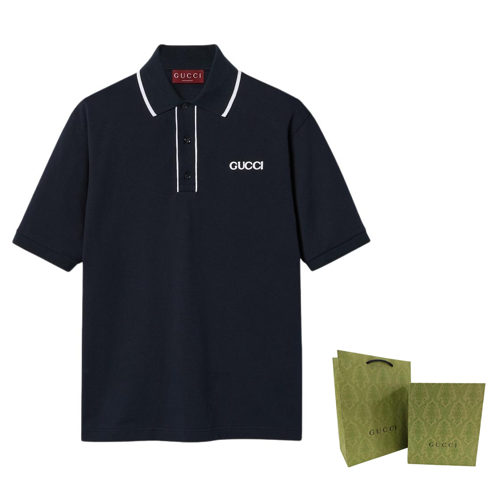 GUCCI  Navy Blue Logo Print Striped Short Sleeve Polo Shirt. 806250-XJG3G-4003 圖 6