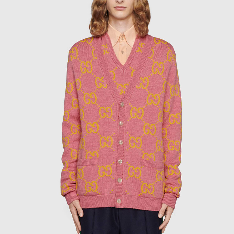 Shop GUCCI  Pink Double GV Wool Knit Cardigan Sweater 674043-XKB3V-5874