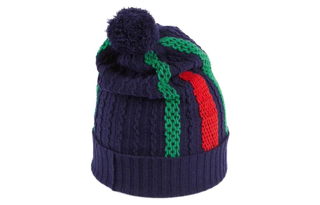 Shop GUCCI  Pom-Pom Knit Polyester Beanie in Dark Blue. 722005-4GAFF-6468