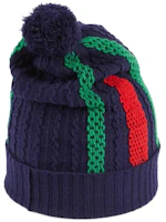 Shop GUCCI 深藍色羊毛球裝飾針織聚酯毛線帽 722005-4GAFF-6468