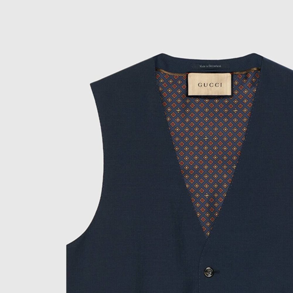 Shop GUCCI  Solid Single-Breasted V-Neck Vest in Deep Blue. 751394-Z596D-4146