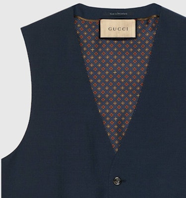 GUCCI Solid Single-Breasted V-Neck Vest in Deep Blue. 751394-Z596D-4146 Shop GUCCI Solid Single-Breasted V-Neck Vest in Deep Blue. 751394-Z596D-4146