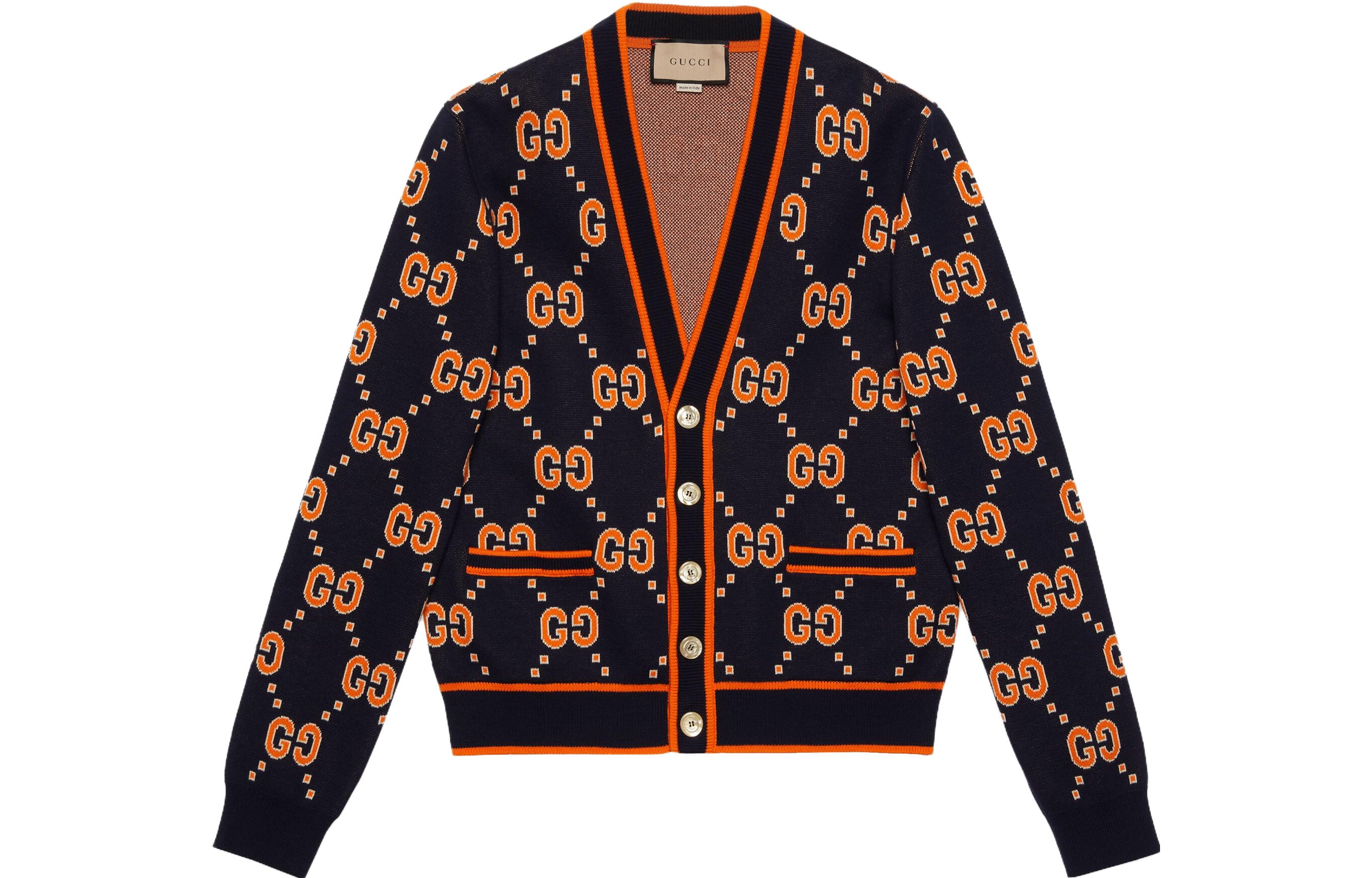 GUCCI  SS23 Orange V-Neck Sweater with Jacquard Logo Design. 740549-XKC6C-4102
