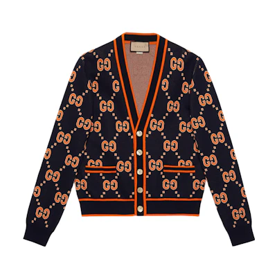 GUCCI SS23 Orange V-Neck Sweater with Jacquard Logo Design. 740549-XKC6C-4102