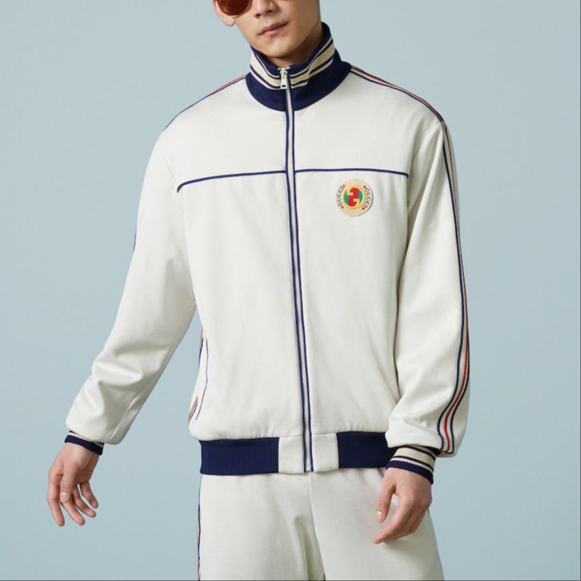 Shop GUCCI Chaqueta Negra Blanca con Cremallera y Cuello Alto a Rayas 752285-XJFTI-9782