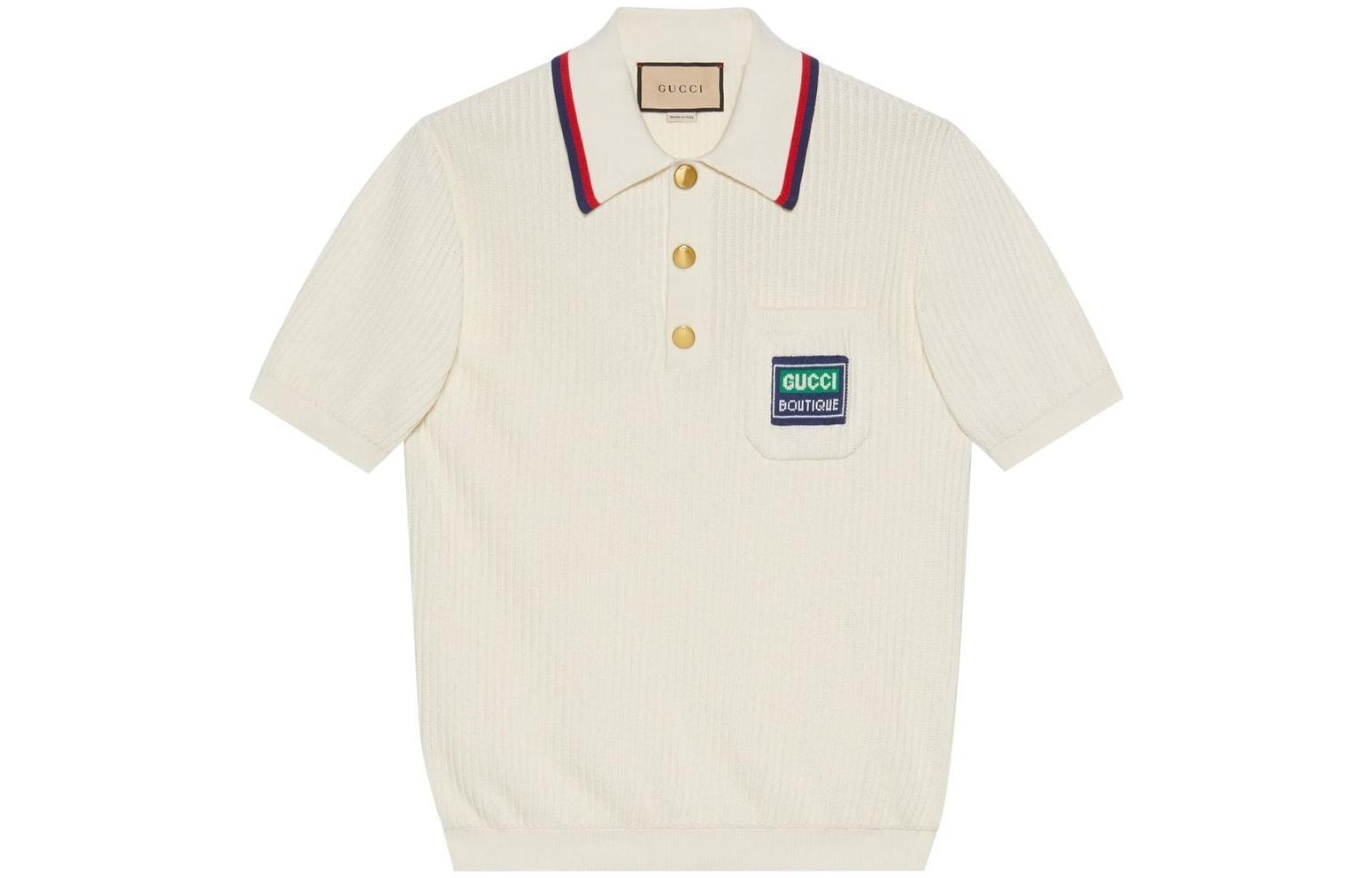 GUCCI  White Knit Polo Shirt with Striped Trim and Logo Design 692863-XKCCH-9275