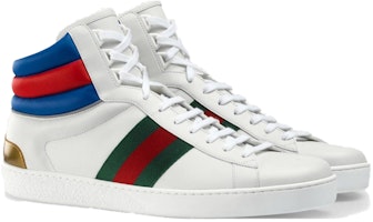 GUCCI古馳 Ace 皮革 高幫系帶 時尚板鞋 男款 白藍紅 Lookbook GUCCI古馳 Ace 皮革 高幫系帶 時尚板鞋 男款 白藍紅
