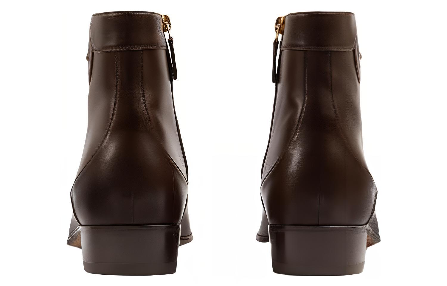 Shop GUCCI古馳 皮革 徽標 拉鍊 短靴 男款 深棕色