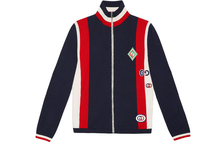 Gucci Appliqué Wool Knit Aviator Jacket Blue Mens 576892-XKAOP-4206