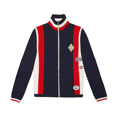 Gucci Appliqué Wool Knit Aviator Jacket Blue Mens 576892-XKAOP-4206