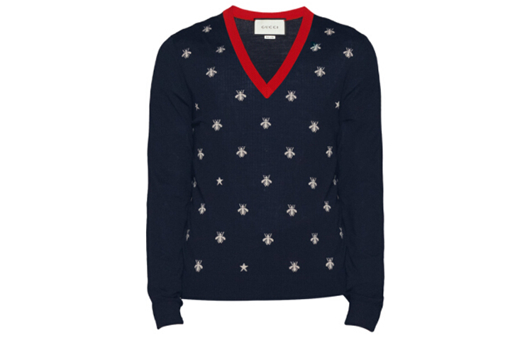 Gucci Bee Print V-Neck Knit Sweater for Men in Dark Blue 431749-X1311-4696