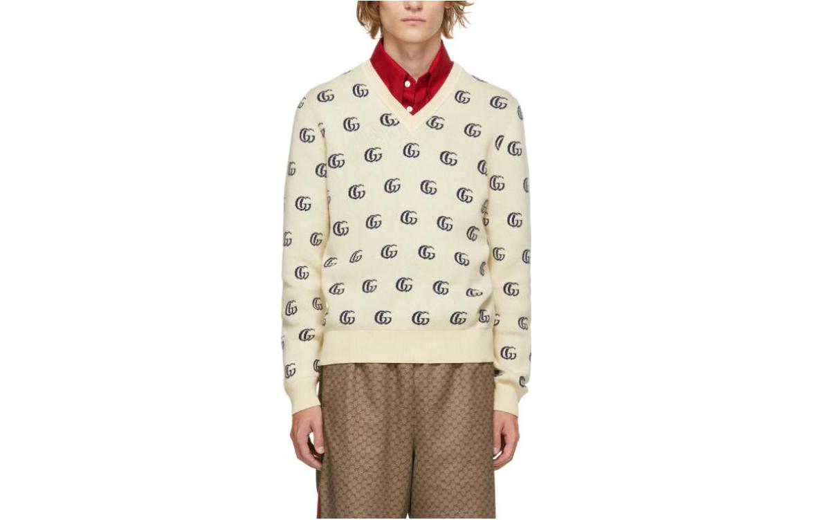 Gucci Beige SS22 GG Monogram V-Neck Knit Sweater 221451M206006