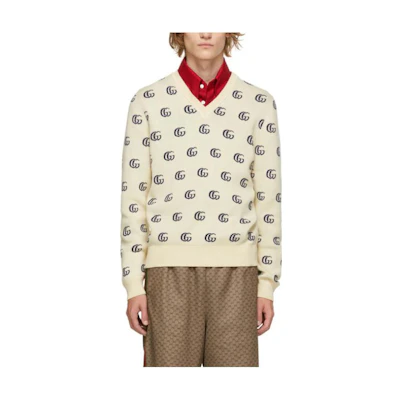 Gucci Beige SS22 GG Monogram V-Neck Knit Sweater 221451M206006