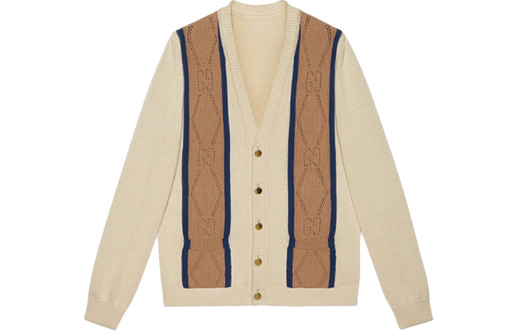 Gucci Beige V-Neck Colorblock Knit Cardigan Sweater 655105-XKBWE-9275