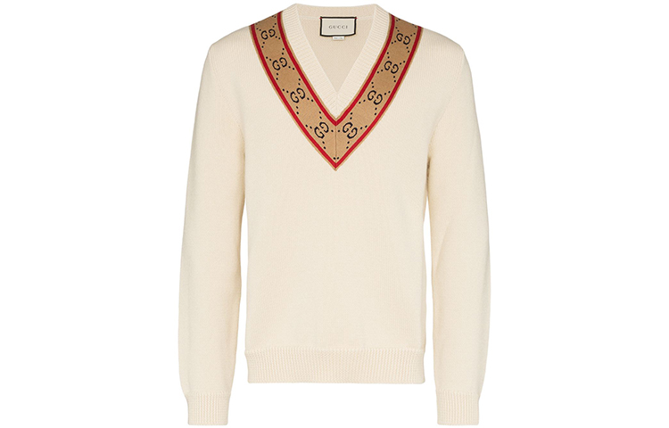 Gucci Beige V-Neck Logo Wool Sweater 577089-XKAUO-9166