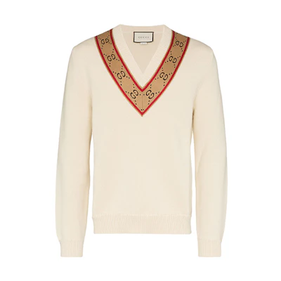 Gucci Beige V-Neck Logo Wool Sweater 577089-XKAUO-9166