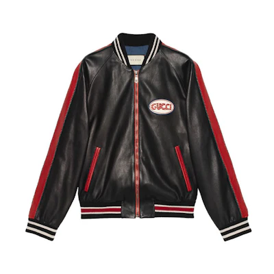 Gucci Black Leather Aviator Jacket with Logo Patch 523526-XG649-1096