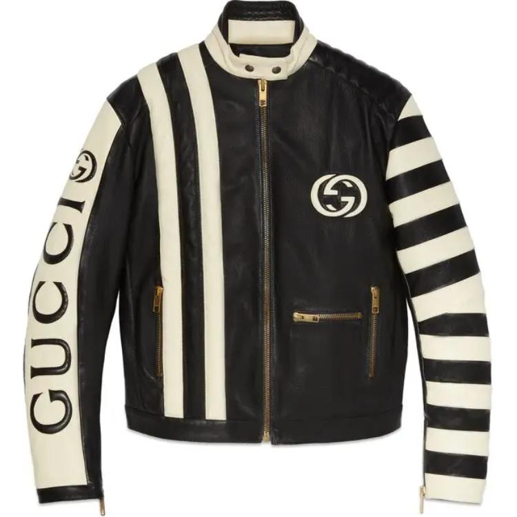 Gucci Black Leather Jacket with Zipper and Striped Collar 741439-XNAW1-1206