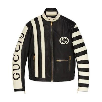 Gucci Black Leather Jacket with Zipper and Striped Collar 741439-XNAW1-1206
