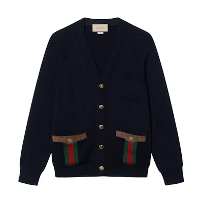 Gucci Black Wool-Blend V-Neck Cardigan with Web and Double G Logo 626349-XKBFJ-4330
