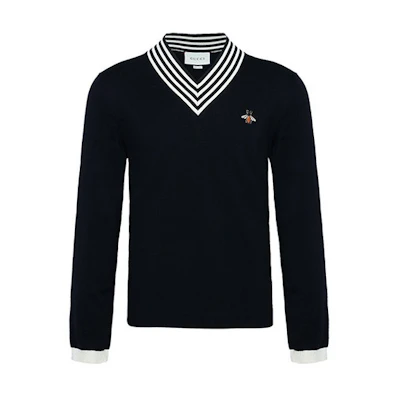 GUCCI Black Wool Sweater with Bee Pattern V-Neck Knit 496442-X9I00-1831