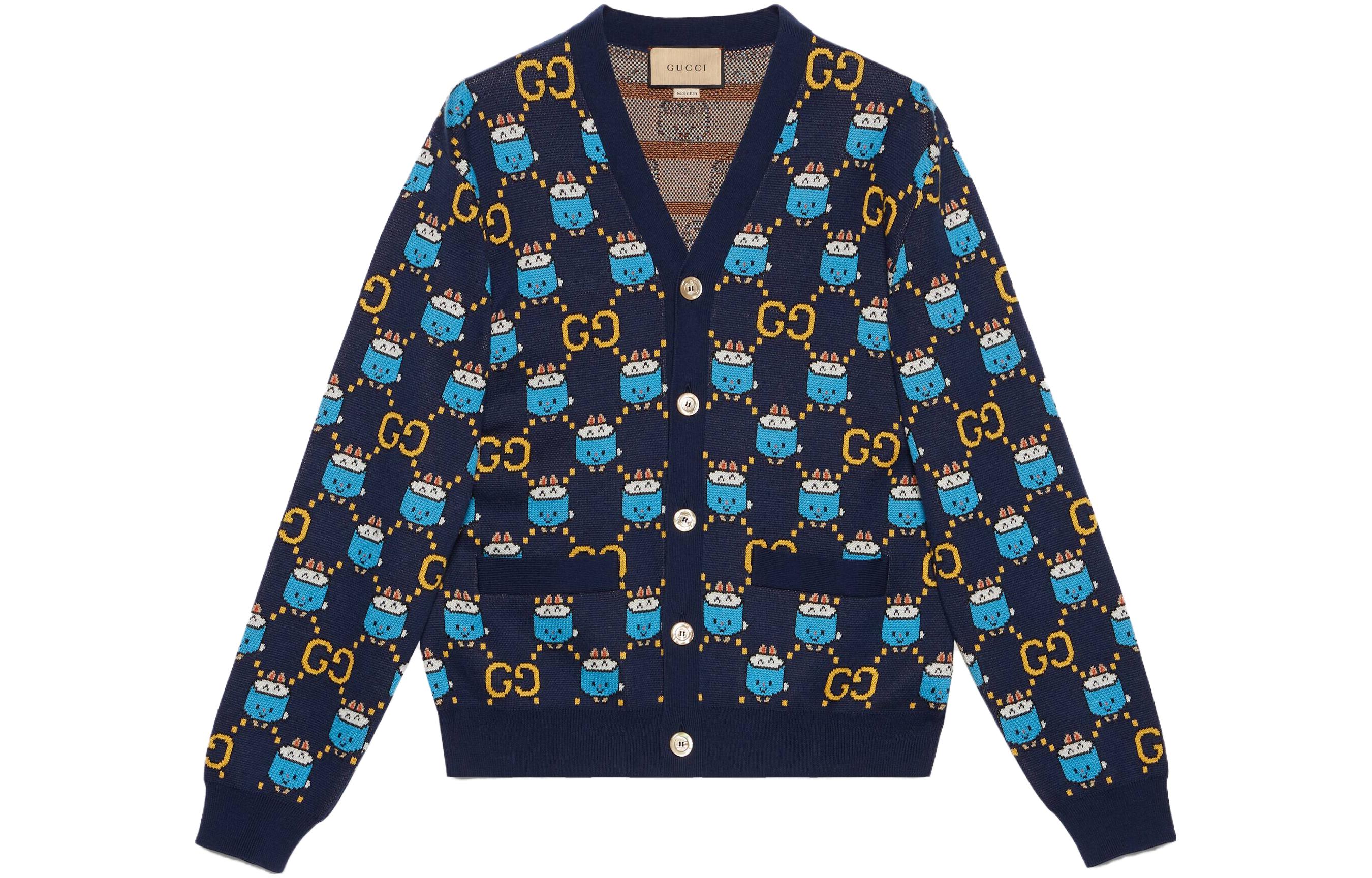 Buy グッチ ブルー カートゥーンプリント Vネック カーディガン セーター 736024-XKC2Q-4804