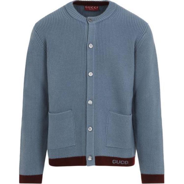 Gucci Blue Contrast-Tip Button-Up Long Sleeve Knit Sweater 811243-XKEGS-4589