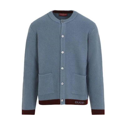 Gucci Blue Contrast-Tip Button-Up Long Sleeve Knit Sweater 811243-XKEGS-4589