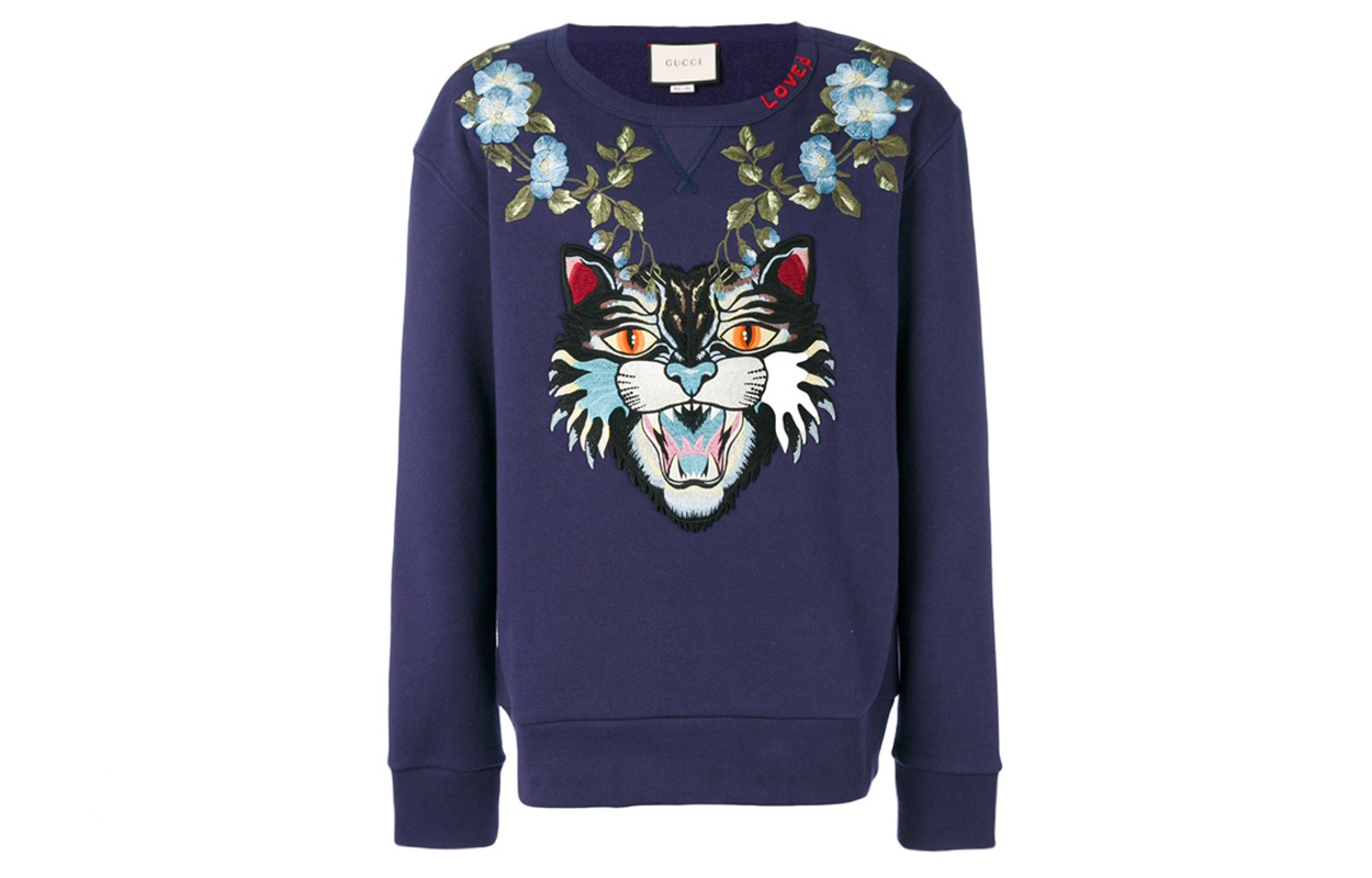 Gucci Blue Crewneck Sweatshirt with Cat Embroidery Design 475373-X9B11-4944