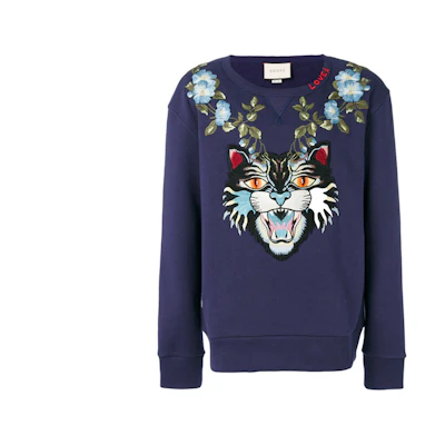 Gucci Blue Crewneck Sweatshirt with Cat Embroidery Design 475373-X9B11-4944