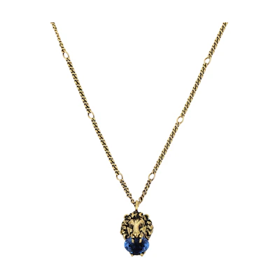 GUCCI Blue Crystal Lion Head Fashion Jewelry Mixed Material Necklace Unisex. 412885-J1D50-4068