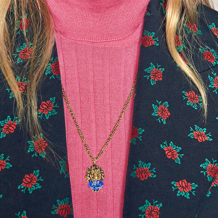 GUCCI Blue Crystal Lion Head Fashion Jewelry Mixed Material Necklace Unisex. 412885-J1D50-4068 圖 4