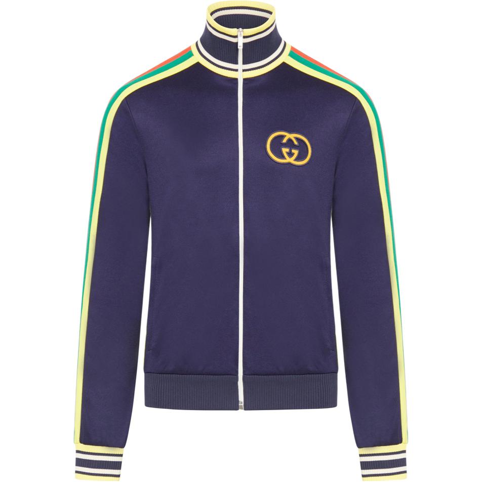 Gucci Blue Jacket with Multicolor Stripes and Zippered High Collar 706436-XJE8R-4904