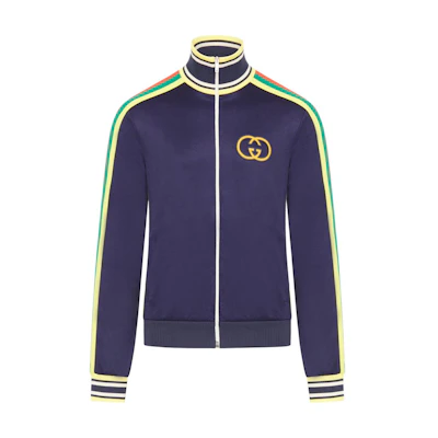 Gucci Blue Jacket with Multicolor Stripes and Zippered High Collar 706436-XJE8R-4904