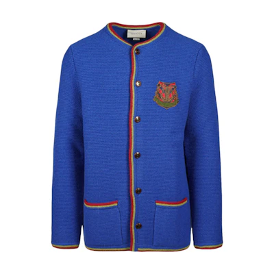 Gucci Blue Letter Print Button-Up Knit Cardigan Sweater 571551-XKAOR-4912