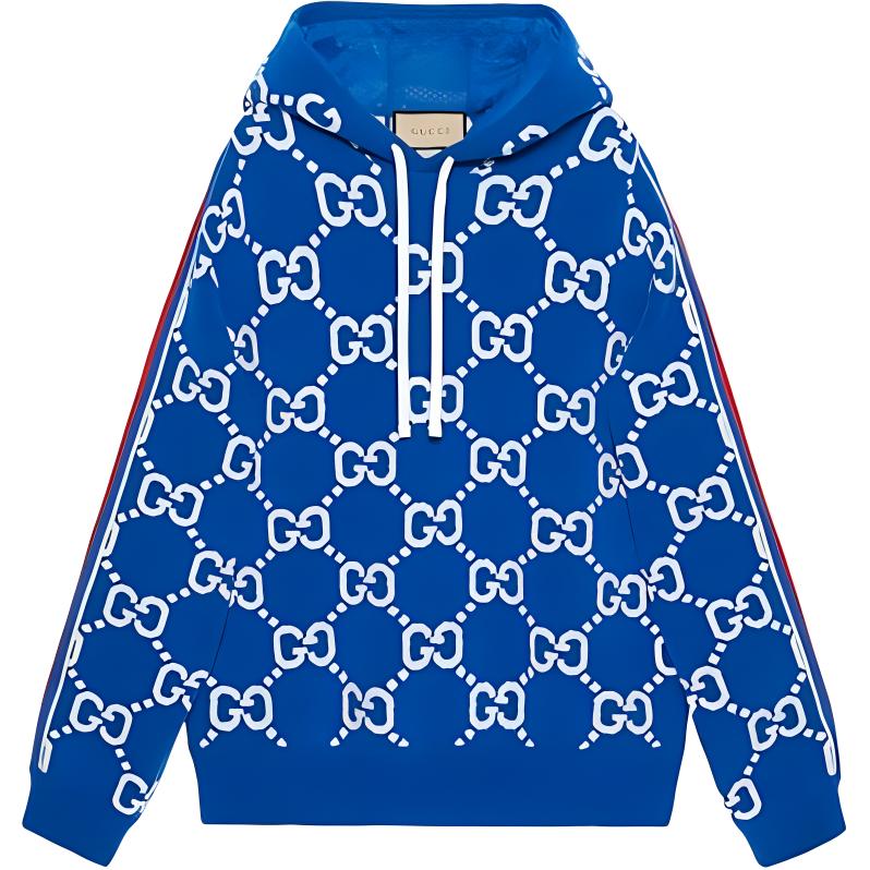 Gucci Blue Logo Jacquard Drawstring Hoodie 763410-XKDO7-4694