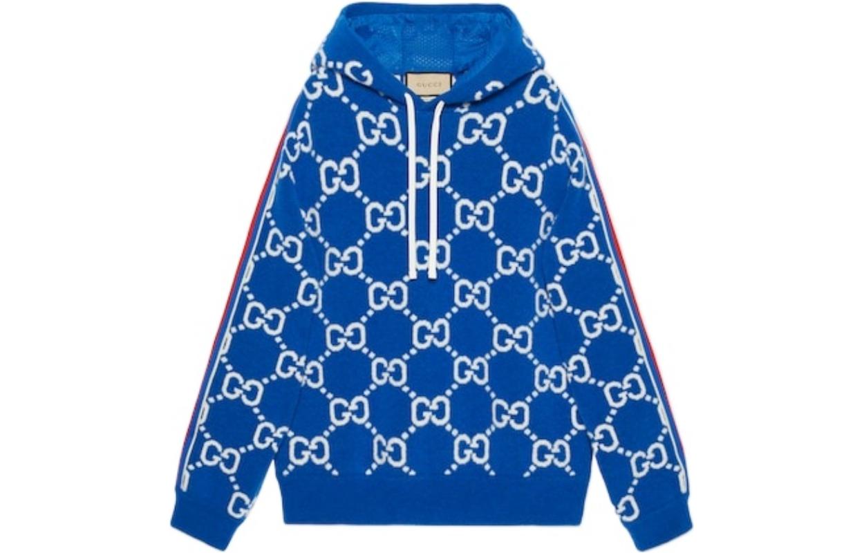 Order 古驰蓝色Logo提花抽绳连帽衫 763410-XKDO7-4694