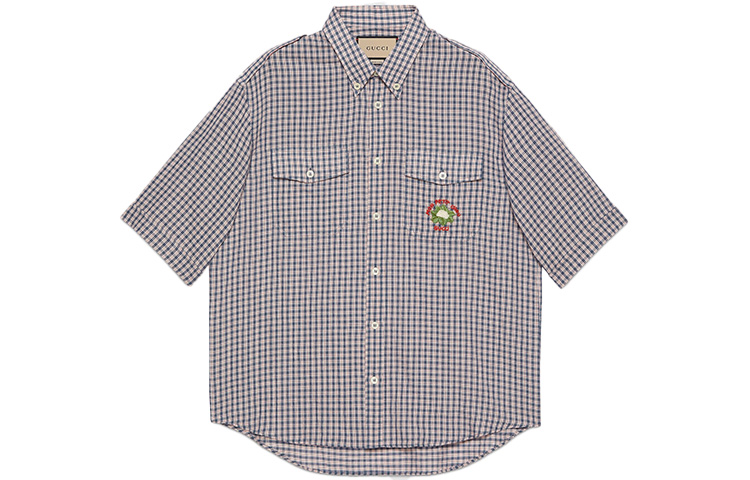 Gucci Blue Red Plaid Monogram Short Sleeve Shirt 654883-ZAG0G-4310