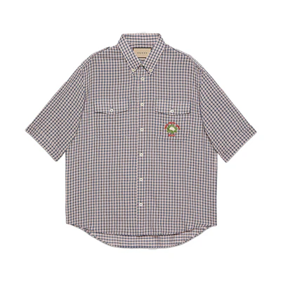 Gucci Blue Red Plaid Monogram Short Sleeve Shirt 654883-ZAG0G-4310