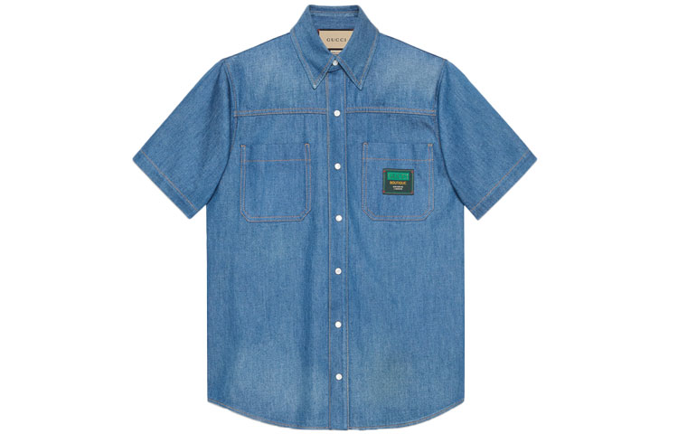 Gucci Blue Short Sleeve Shirt with Logo Tag Buttons 655704-XDBL2-4447