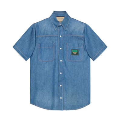 Gucci Blue Short Sleeve Shirt with Logo Tag Buttons 655704-XDBL2-4447
