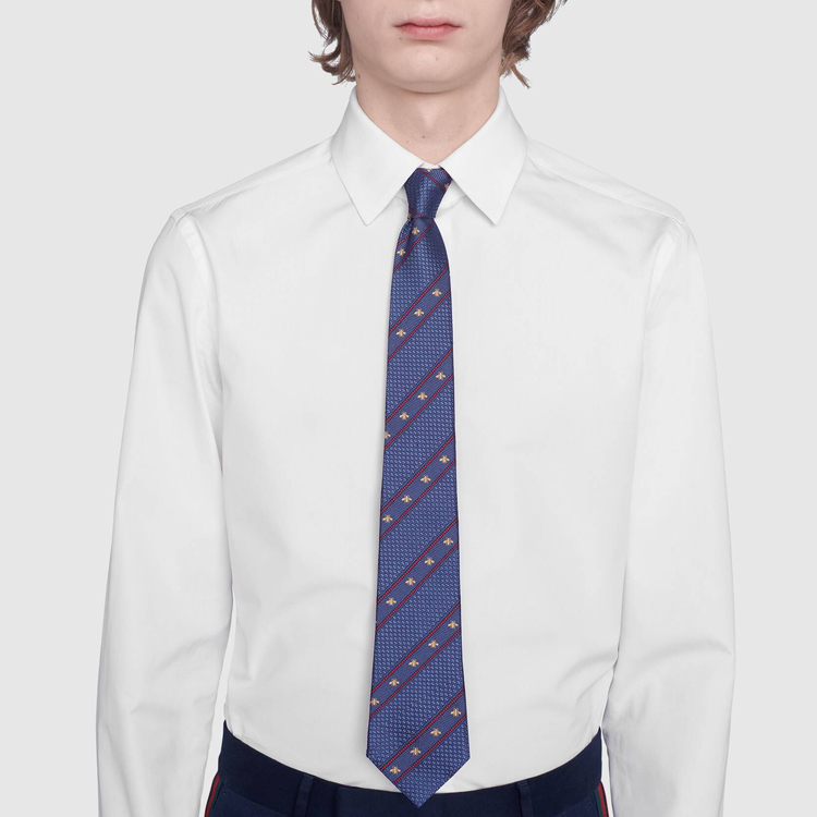 GUCCI Blue Silk Tie with Bee Web Design 451528-4E002-4574 圖 4