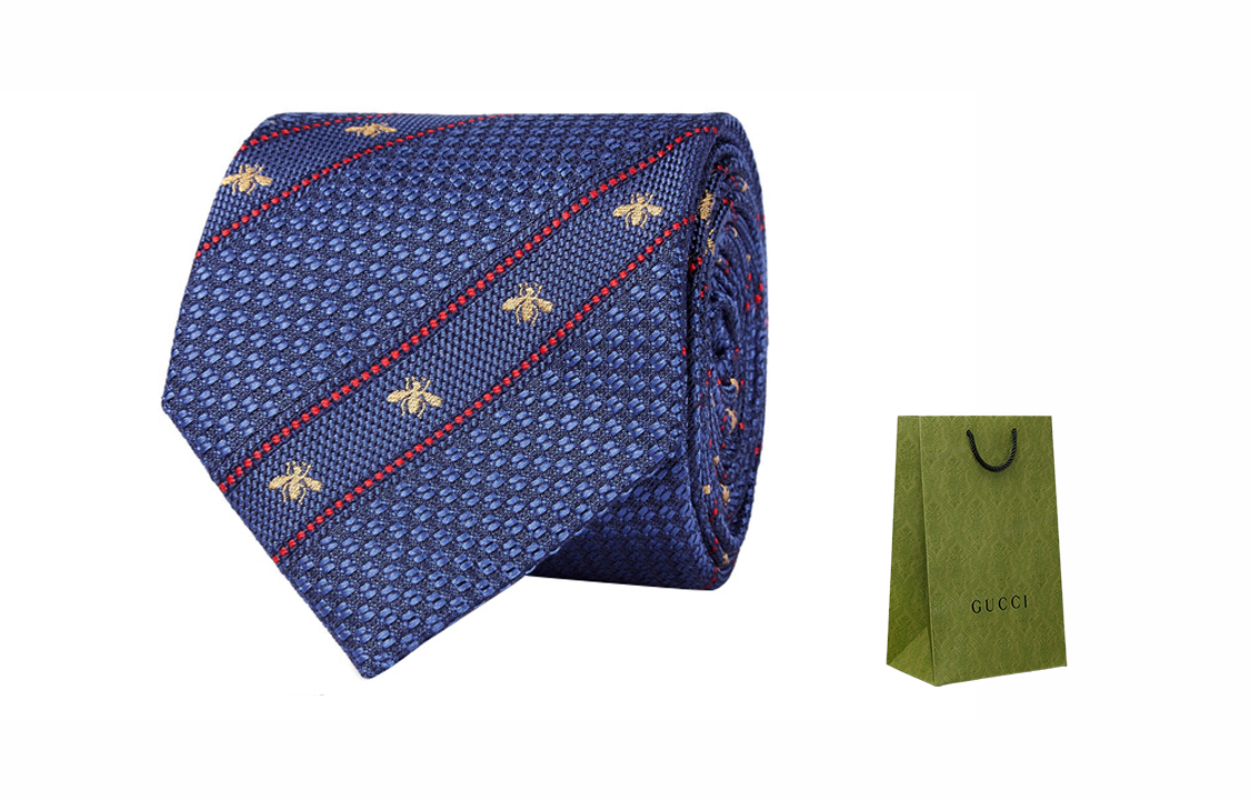GUCCI Blue Silk Tie with Bee Web Design 451528-4E002-4574 圖 5