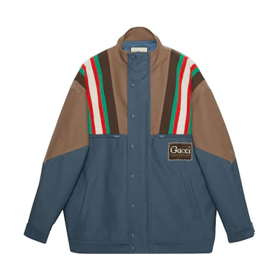 Gucci Blue SS22 Zipper Jacket with Logo and Striped Collar 614483-Z4203-2179